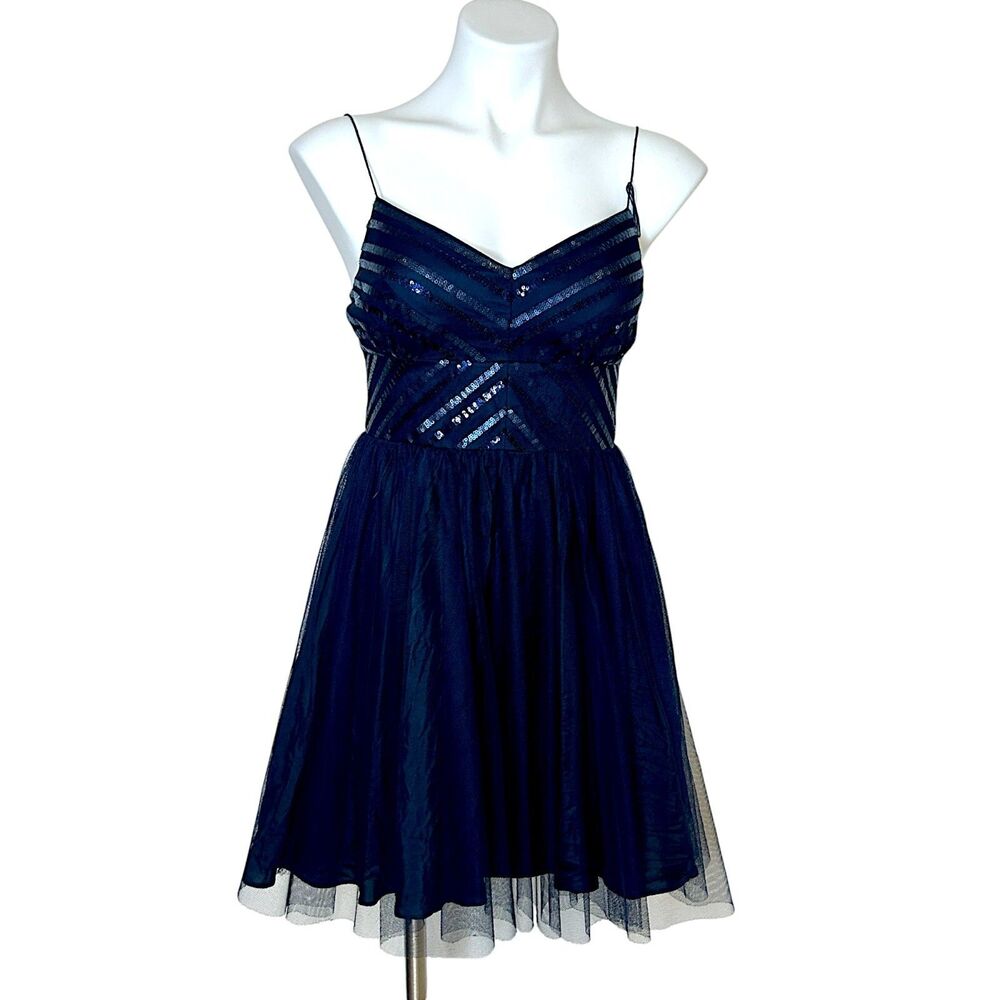 AIDAN MATTOX V-Neck Sequin Top Navy Blue Lace Party Cocktail‎ Mini Dress 6